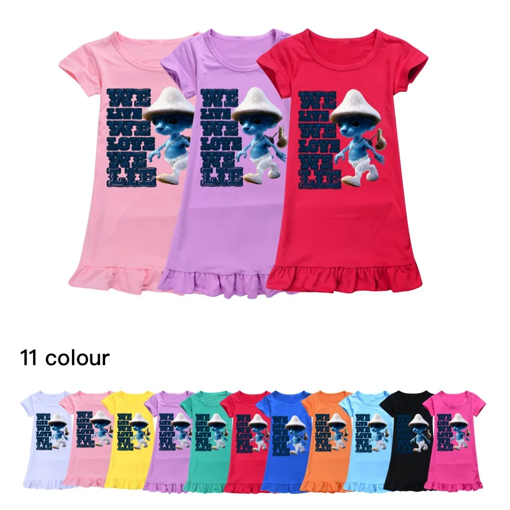 Muslimate Shailushai Costumes Kids Smurfed Blue Cats Clothes Neonate Cartoon Nightdress Toddler Girl Sleepwear Manica Corta