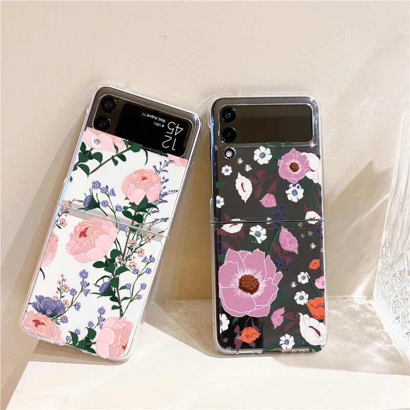 Ins Korea Cute Pink Flower Phone Case For Samsung Galaxy Z Flip 3 5G  Hard Pc Slim Shockproof Full Protective Cover For Zflip3