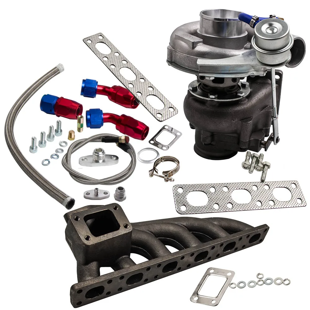 Maxpeedingrods Universal Turbo T3/Wastegate Interno Con Kit Linea Di Alimentazione Olio Collettore Turbocompressore Per Bmw E46 325I/325Ci