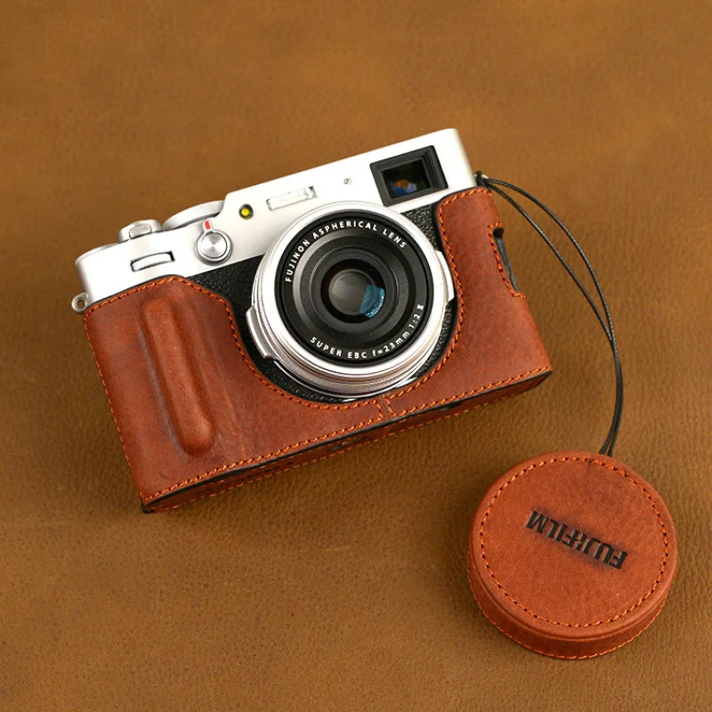 Genuine Leather Half Camera Case Bag & Lens Cap For Fujifilm X100V Fuji X-100V