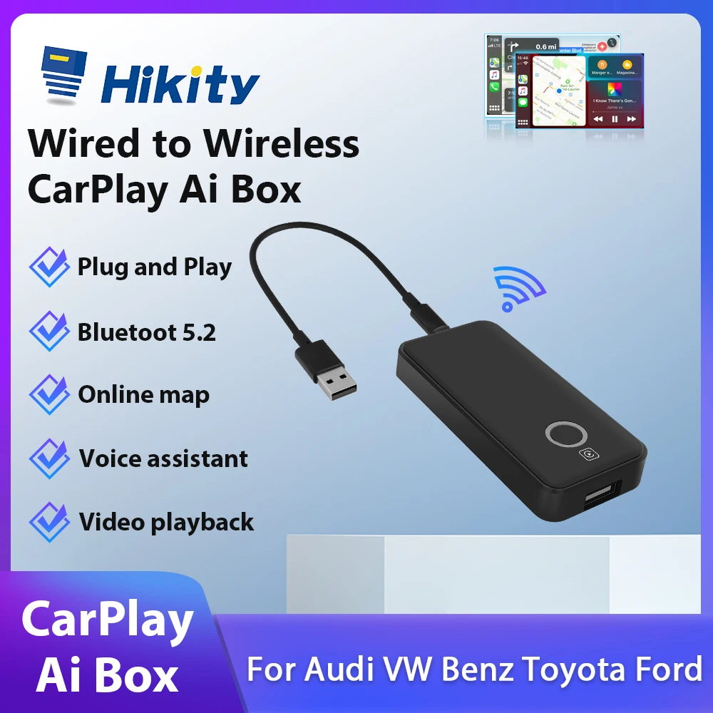 Hikity Wired Carplay To Wireless Apple Carplay Ai Box Bluetooth Voice Usb Type-C Dongle Per Audi Vw Benz Toyota Ford Chevrolet