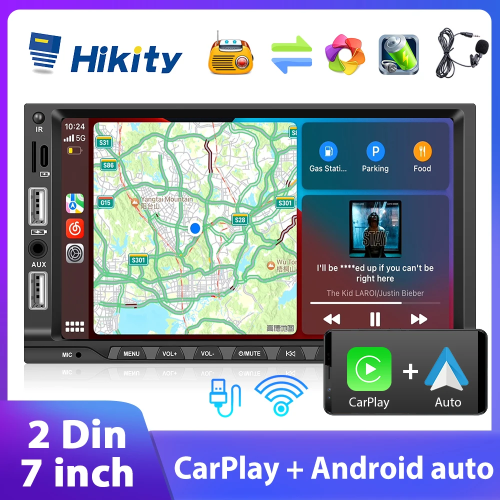 Hikity Universal 7 "2 Din Car Screen Player Wifi Mp5 Bt Volante Navigazione Gps Remota Stereo Carplay Head Unit Audio