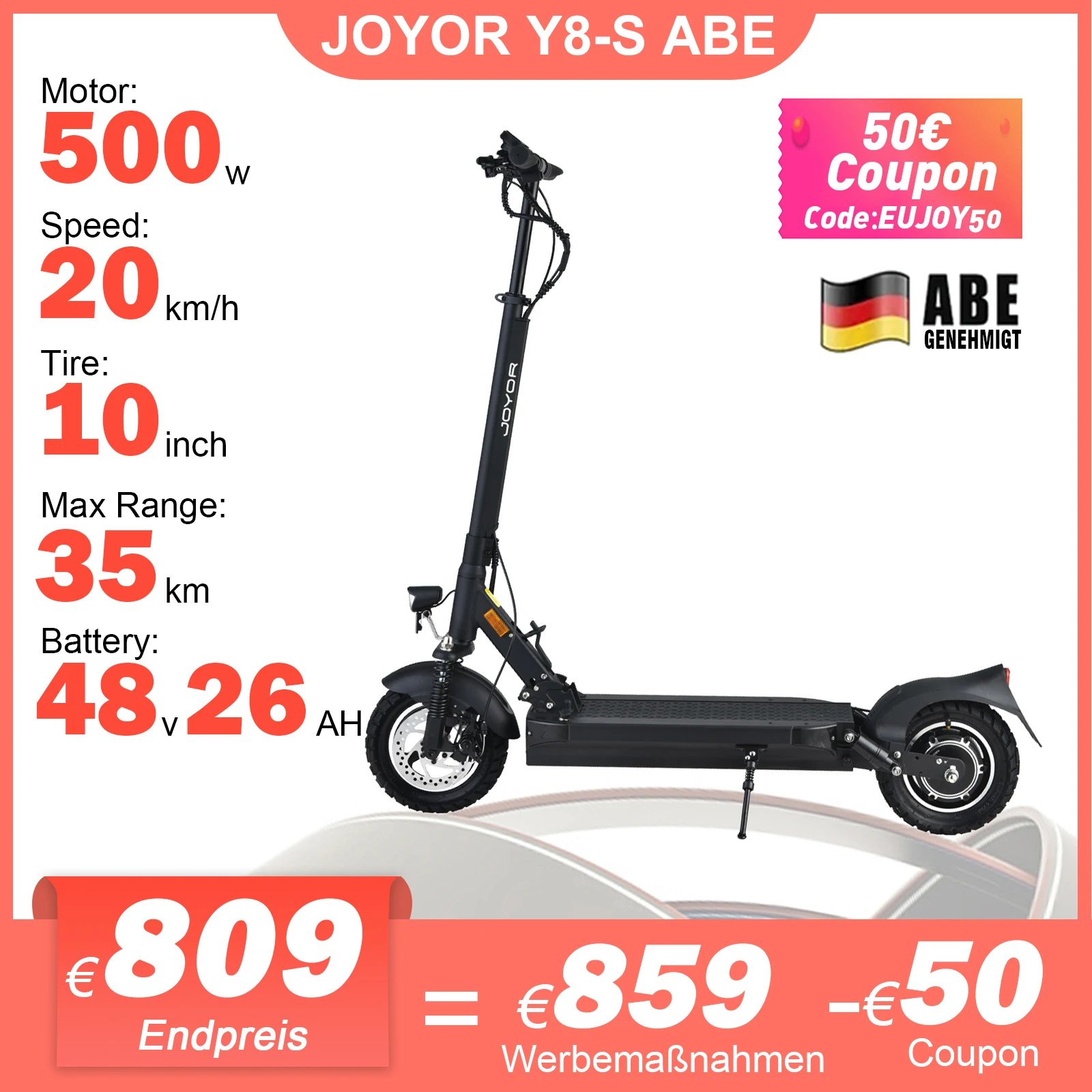 Joyor Y8-S Abe 500W Scooter Elettrico 48 V26Ah Batteria 10 Pollici Anti-Salto Pneumatico 20 Km/H Scooter Elettrico Pieghevole