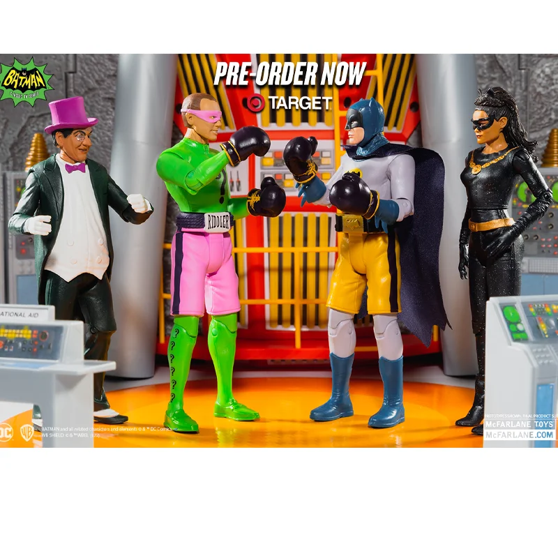 Nuovo Arrivo Anime Figure Mcfarlane Batman Clown Robin Batmobile Nostalgic Edition 1966 Dc Bat Cave Action Figures Model Toys