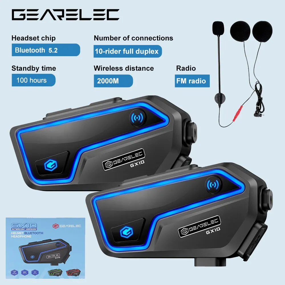 Gearelec Gx10 Moto Interfono Casco Auricolare Bluetooth 10 Riders 2Km Moto Comunicatore Interfono Fm Condivisione Musicale Pk B4Fm-X