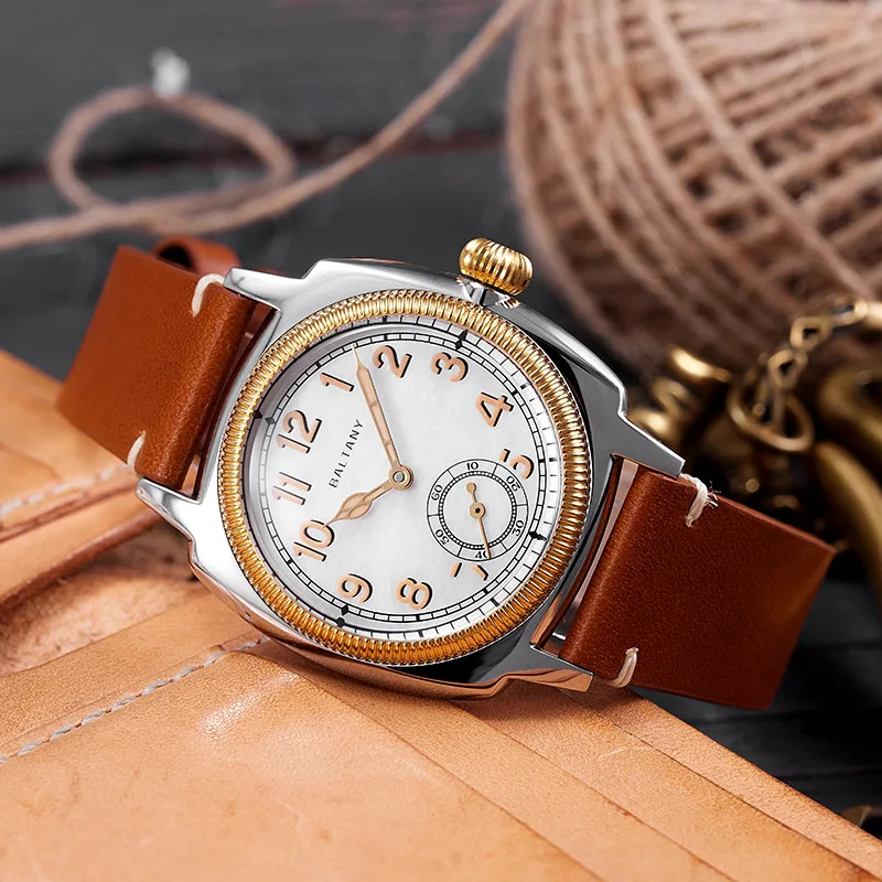 Balcany Vintage Dress Watch Mop Dial Gold Hands Subseconds 10Atm Waterproof 36Mm Stainless St1701 Retro Automatic Man Watch