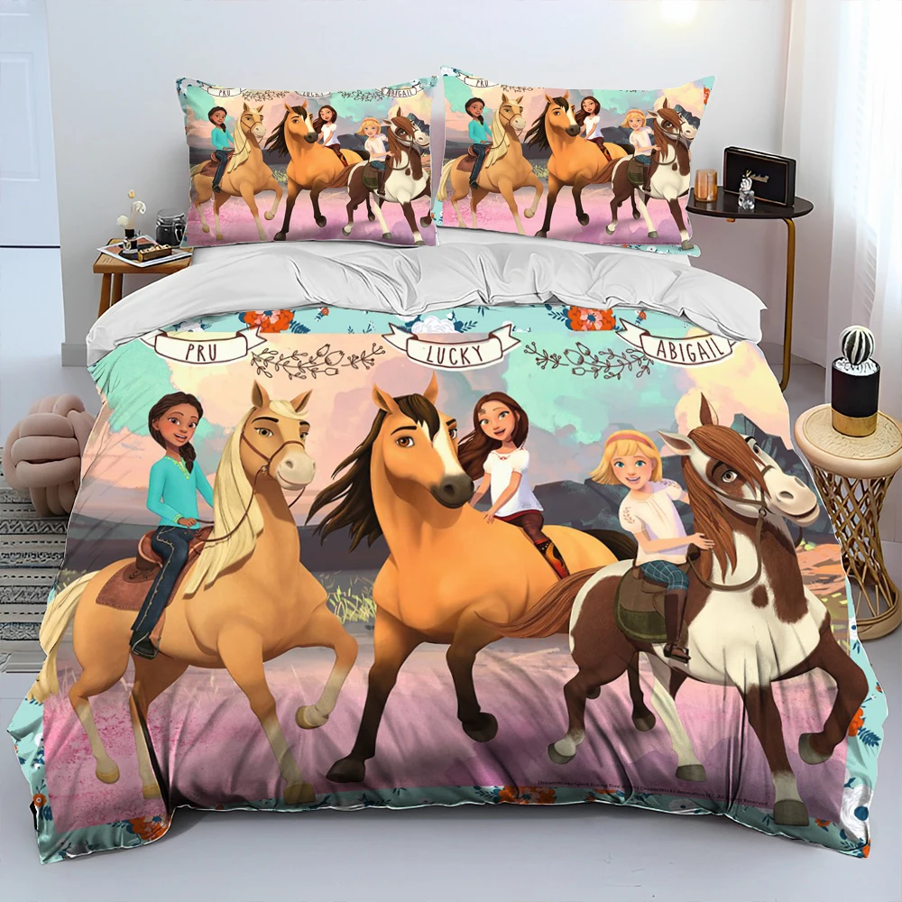 Spirit Riding Free Horses Cartoon Comforter Bedding Set, Copripiumino Set Copripiumino Federa, King Queen Size Bedding Set