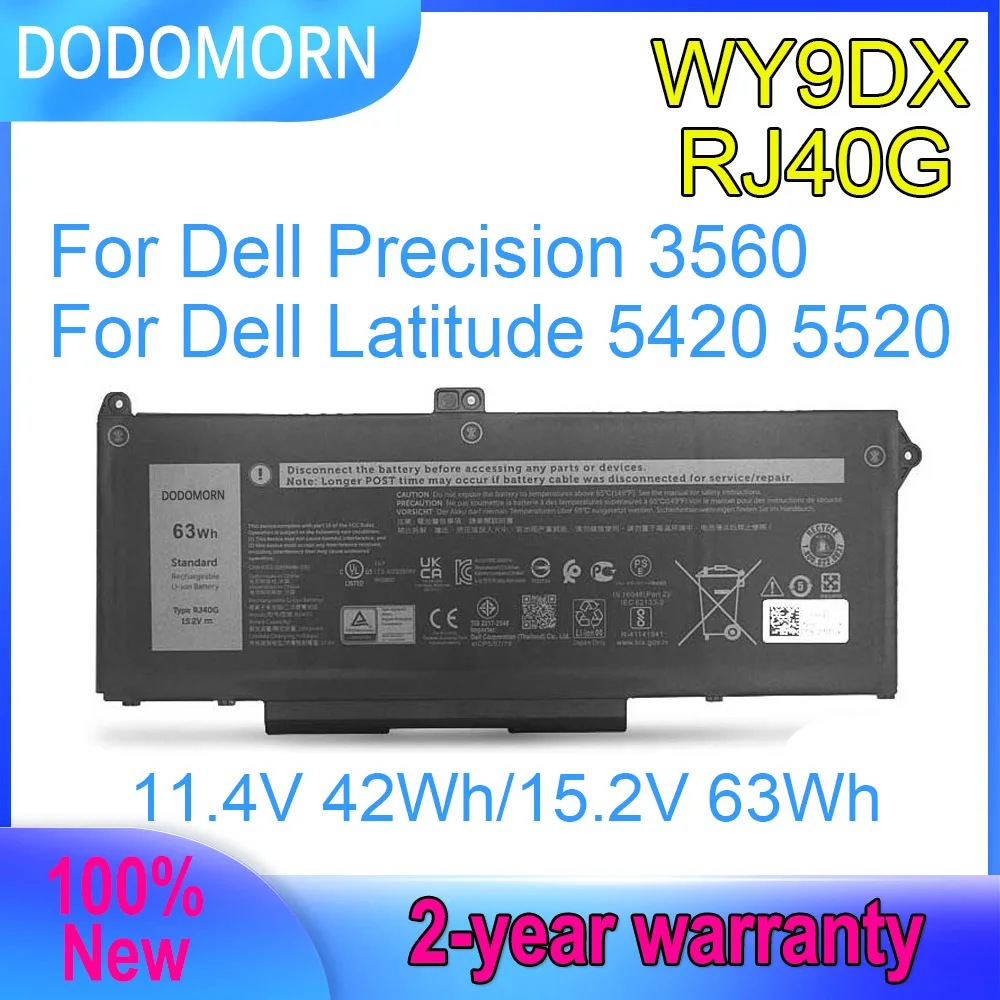 Dodomorn Rj40G Wy9Dx Batteria Per Laptop Per Dell Latitude 5420 5520 Precision 3560 Series P104F P137G P137G001 11.4V 42Wh/15.2V 63Wh