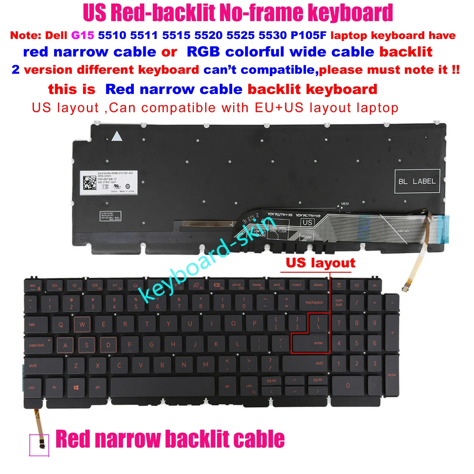Nuova Tastiera Americana Retroilluminata Con Lettera Rossa Per Laptop Dell G15 (5510),G15 (5511),G15 (5515),G15 (5520),G15 (5525),G15 (5530) P105F