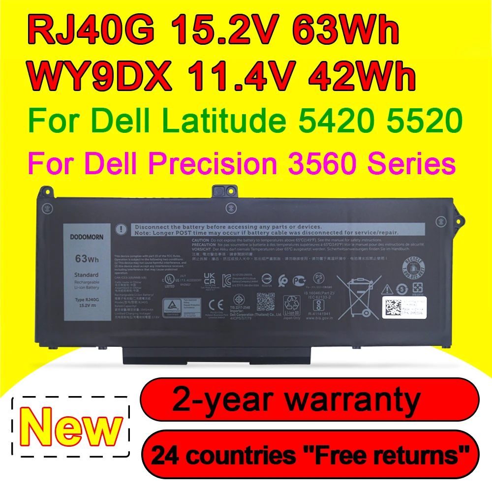Batteria Per Laptop Rj40G Wy9Dx Per Dell Latitude 5420 5520 Precision 3560 P104F001 P104F P137G001 P137G 01 K2Cf 075 X16 42Wh/63Wh