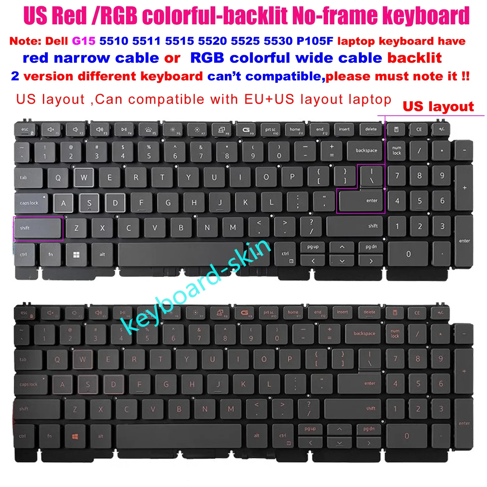 Nuova Tastiera Retroilluminata Colorata Rossa/Rgb Usa Per Laptop Dell G15 5510,G15 5511,G15 5515,G15 5520,G15 5525,G15 5530,P105F