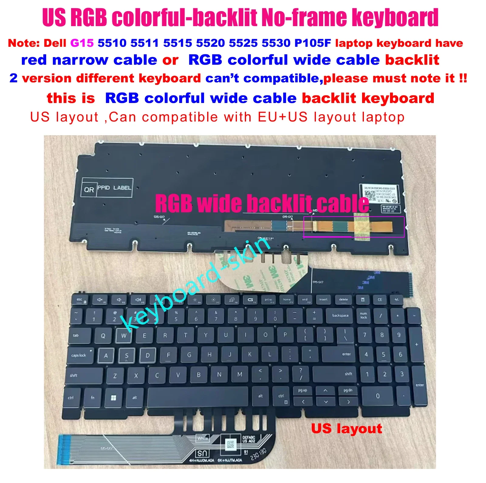 Nuova Tastiera Usa No-Frame Rgb Retroilluminata Colorata Per Laptop Dell G15 5510,G15 5511,G15 5515,G15 5520,G15 5525,G15 5530,P105F