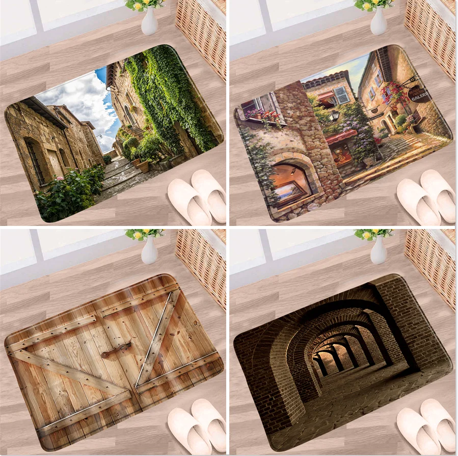 Retro Town Tappetino Da Bagno Vecchia Porta In Legno Street Flower Plants Paesaggio Muro Di Pietra Tappeto Antiscivolo Bagno Cucina Porta Corridoio Ta