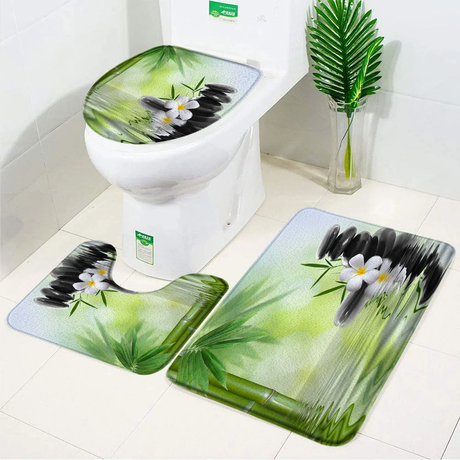 Zen Bath Mat Set Green Bamboo Black Massage Stone Spa Scenario Naturale Flanella Home Carpet Bagno Decor Tappeti Per Pavimenti Copriwater