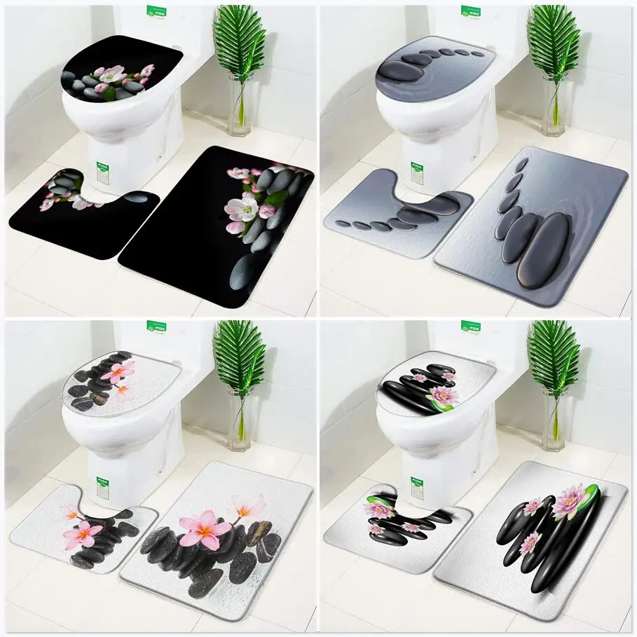 Black Zen Stone Flower 3 Pezzi Set Tappetino Da Bagno Orchid Flora Spa Decor Antiscivolo Tappeto Da Bagno Tappeto Copriwater Set Lavabile In Lavatrice