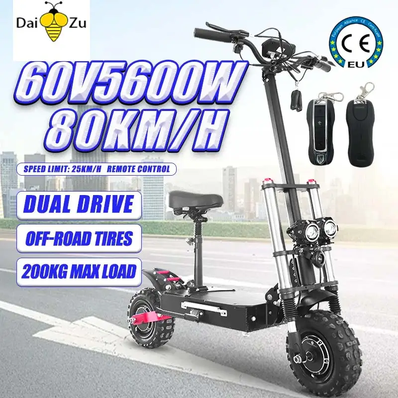 26Ah 5600W Scooter Elettrico Adulti 80 Km/H Velocità Massima 11 Pollici Fuoristrada Scooter Sportivo Con Sedile 60V Dual Drive 80Km Gamma E Scooter