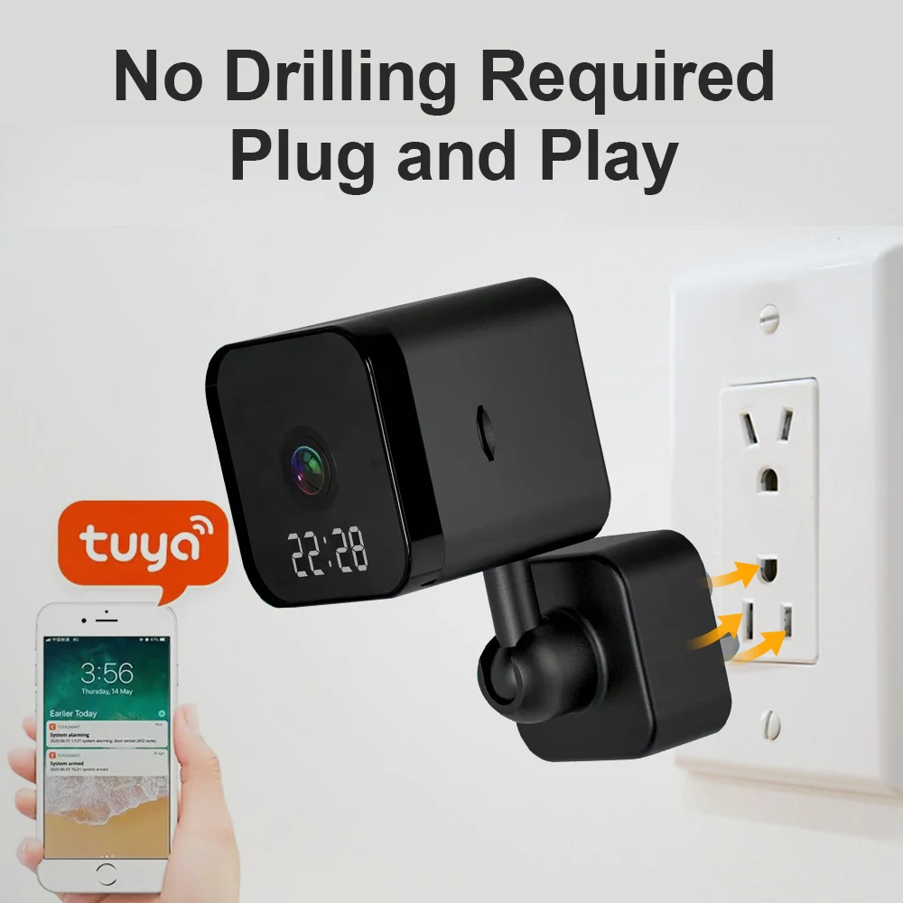 Tuya Wifi Telecamera Di Sorveglianza Eu & Us Plug Design Home Clock Videoregistratore Graffiti Smart Hd Camera Vlogging Camera Action Camera