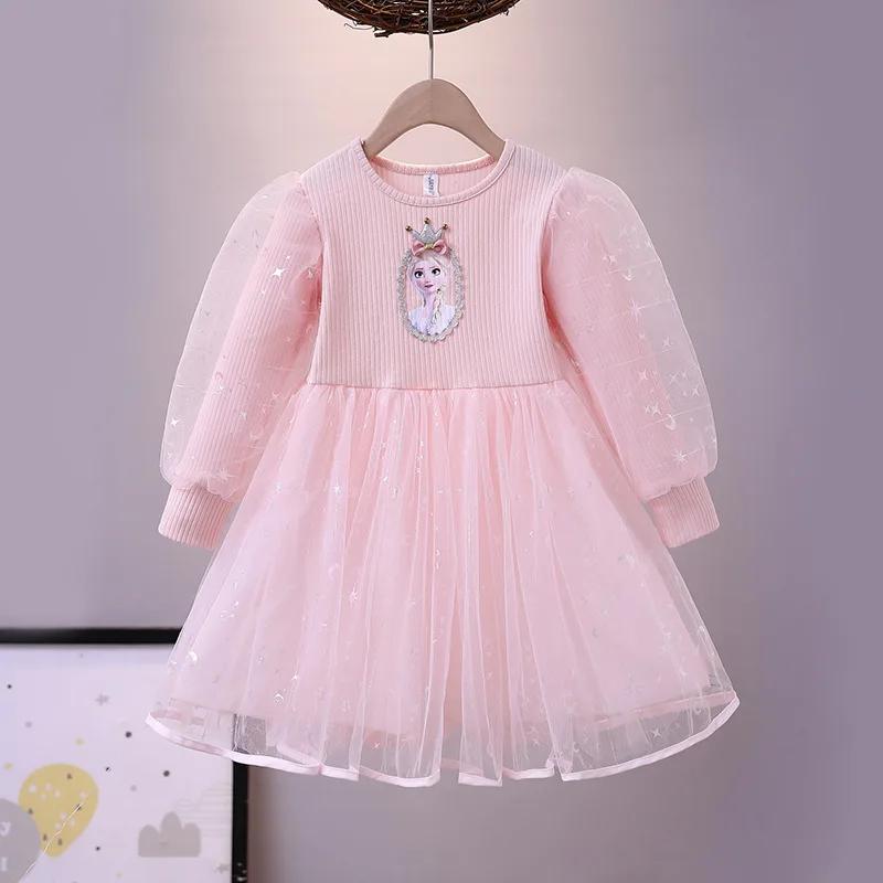 Elsa Princess Dress Girls Dress Primavera E Autunno Dress 2023 New Long-Sleeved Children'S Western Style Elsa Frozen Dress 2-8Y