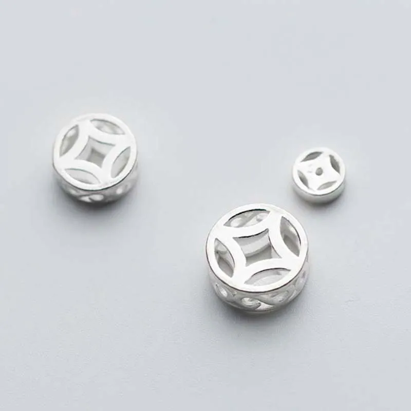 1 Pz/Lotto 925 Sterling Silver Cinese Monete Antiche Perline 7Mm 11Mm 13Mm Argento Rotondo Distanziatore Perline Accessori Gioielli Fai Da Te