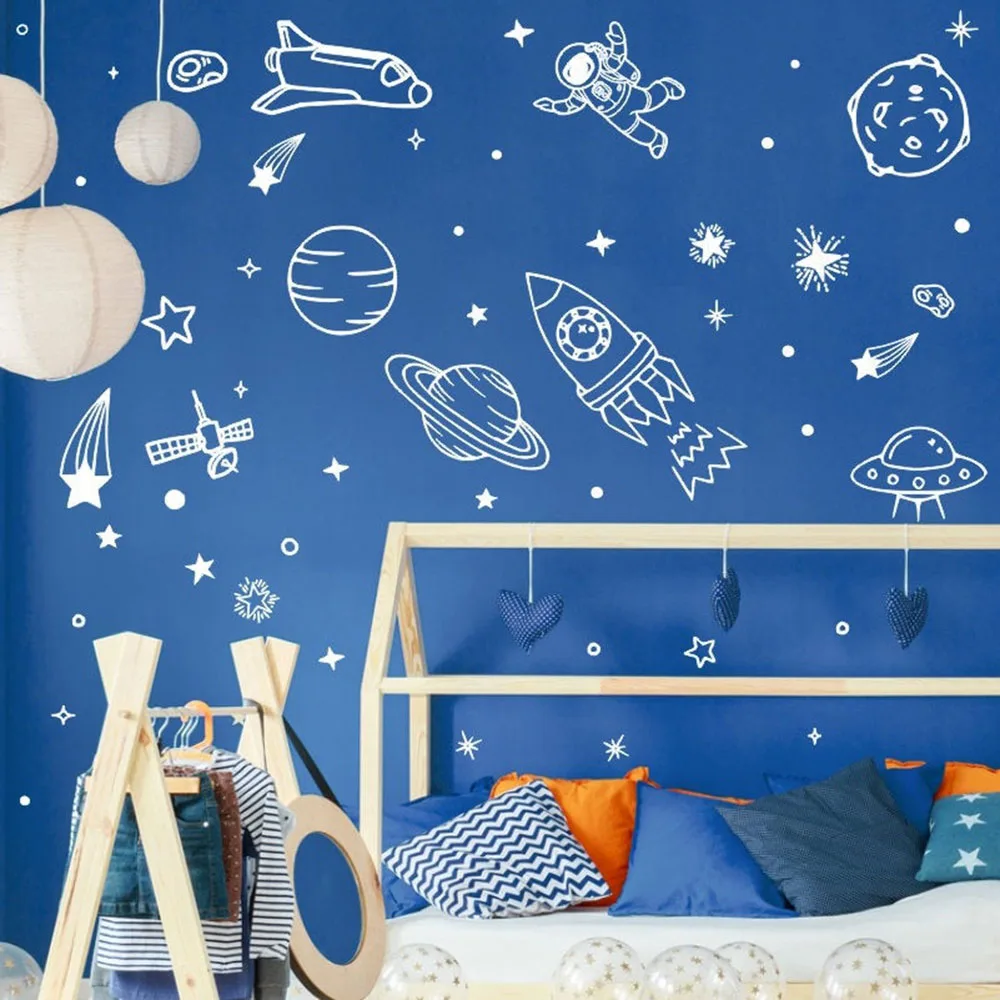 Outer Space Decalcomania Della Parete Cosmos Adesivi Pianeti Terra Razzo Astronauta Del Vinile Autoadesivo Della Parete Per La Camera Da Letto Ragazzi
