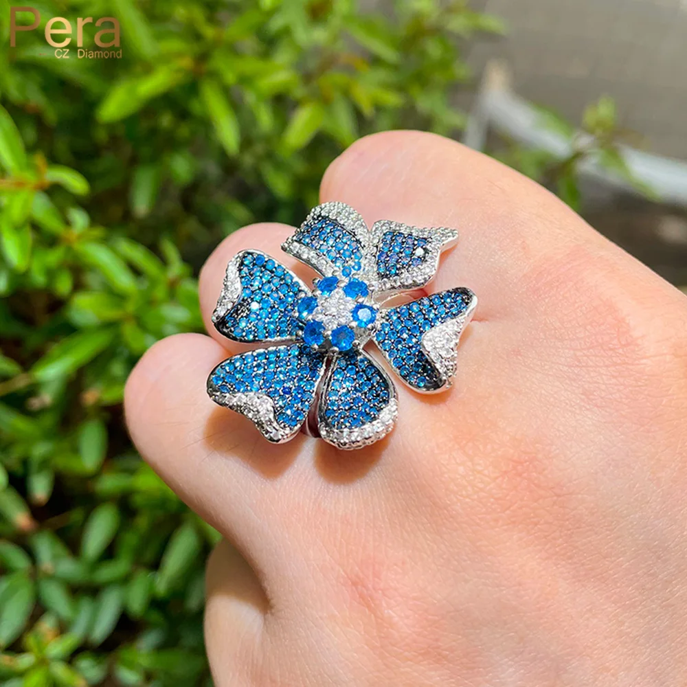Pera Beautiful Large Flower Shape Blue Cubic Zirconia Wedding Party Anelli Fidget Regolabili Per Gioielli Decorazione Donna R175