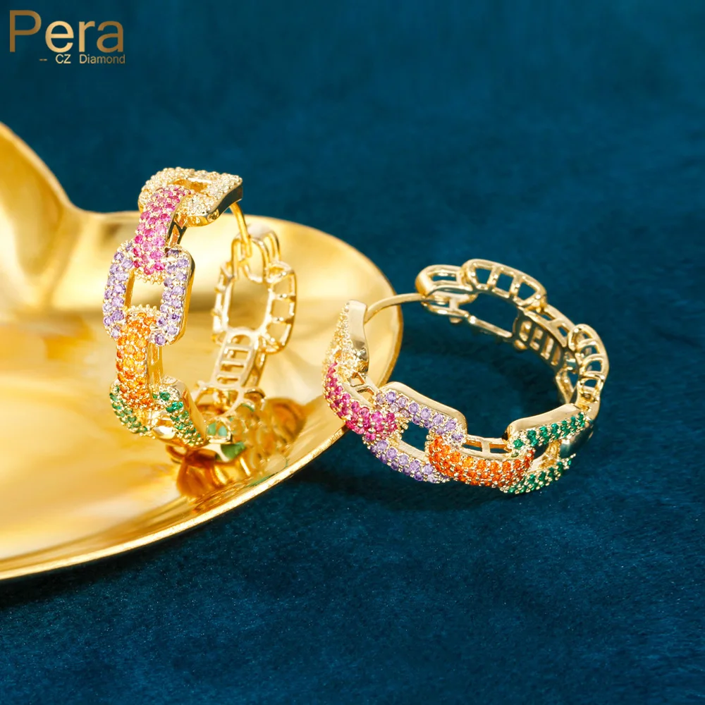 Pera Popular Rainbow Square Link Cz Zircone Indian Gold Color Women Dinner Party Jewelry Cute Circle Hoop E985 Femminile