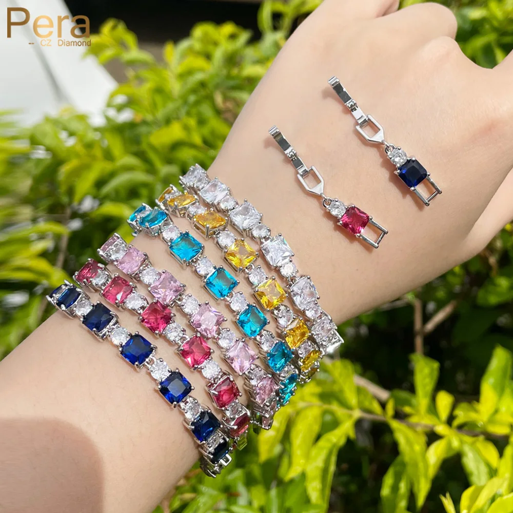 Pera Classic Square Link Chain Red Blue Cz Women Tennis Bracelet Bangle Colore Argento Moda Cristallo Gioielli Regalo Per Femme B227