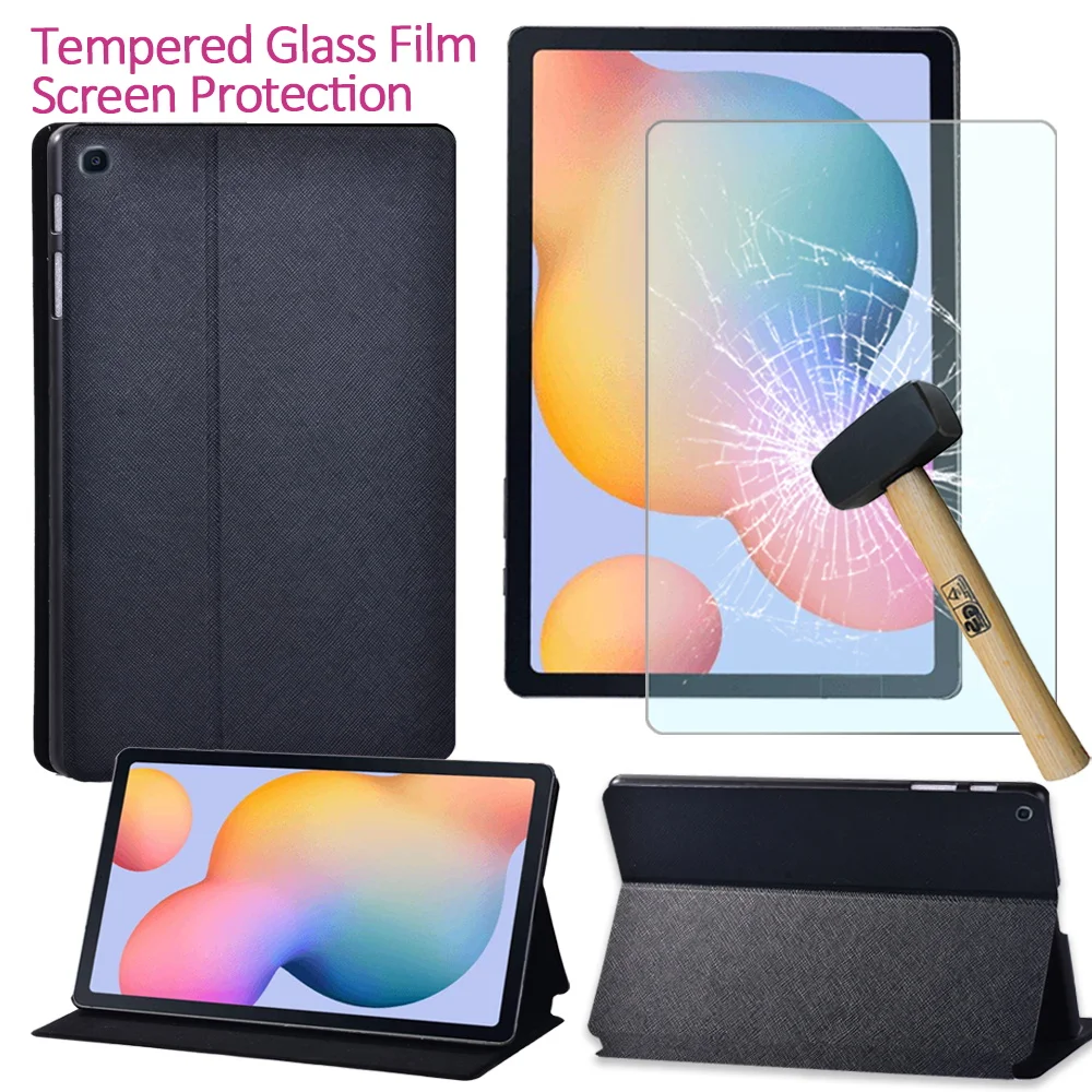 Pure Black Leather Tablet Cover Case For Samsung Galaxy Tab S6 Lite 10.4'' P610 P615 - Tablet Tempered Glass Protective Film