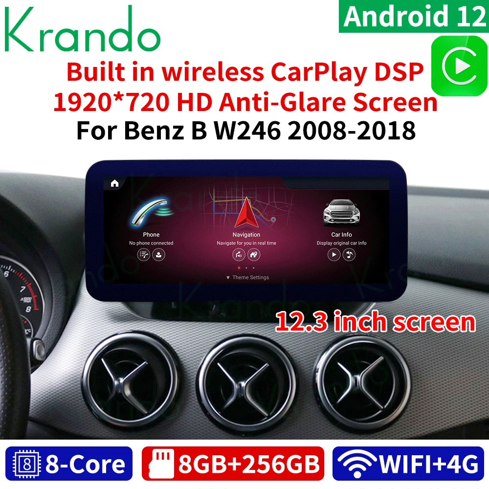 Krando Android 12 12.3 ''Autoradio Per Mercedes Benz Classe B W246 2008 - 2018 Autoradio Wireless Carplay Qualcomm 662 1920*720P