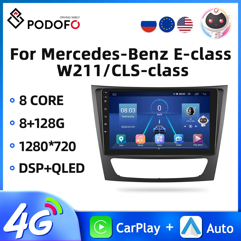 Podofo 2Din Autoradio Per Mercedes-Benz Classe E W211/Cls-Class 2005-2008 Lettore Video Multimediale Android Gps Wifi 9 ''Autoradio