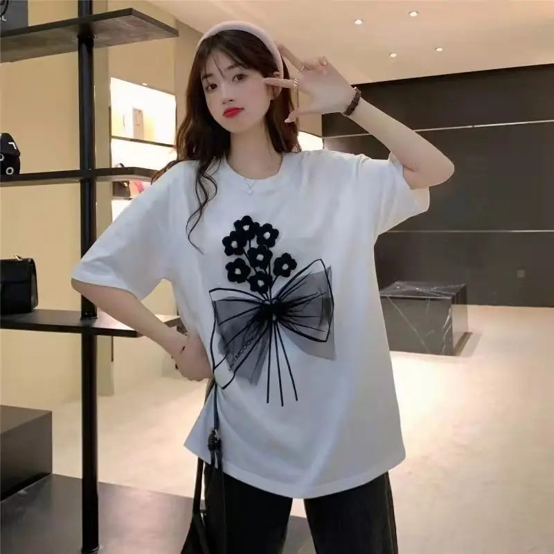Front 3D Flowers O Neck Tees Women Ins Tide Summer Loose Top Nero Bianco T Shirt Sweet Girl Mesh Bow Tie Off Spalla Top