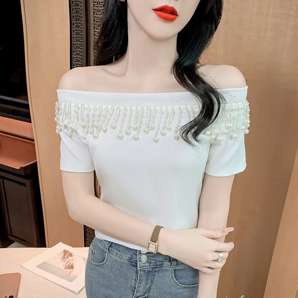 Summer Sexy Off Shoulder Slash Neck Ladies T-Shirts Fashion Pearl Tassel Short Sleeve Tops Women Elegant White Slim Tees Trend