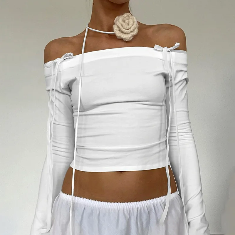 Magliette A Maniche Lunghe Con Spalle Scoperte Da Donna Autunno Y2K Eleganti Crop Top Bianchi Skinny Senza Spalline Casual Basic Tees Bow Streetwear