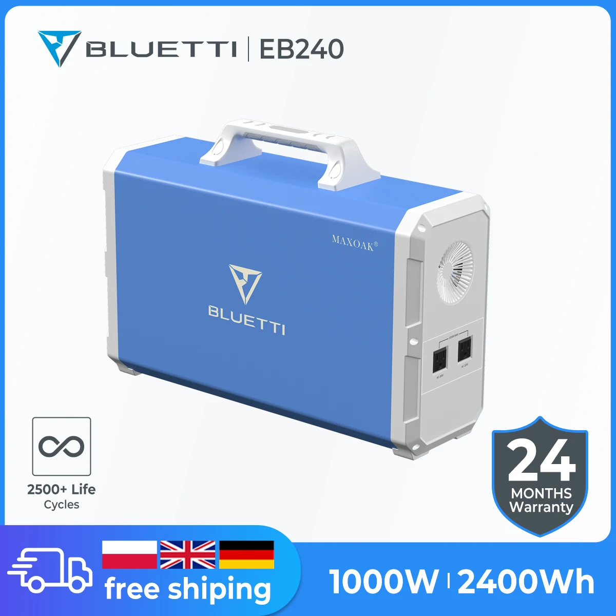 Bluetti Eb240 2400Wh 1000W Centrale Elettrica Portatile Per Il Campeggio Generatore Solare Domestico All'Aperto Durevole 2500 + Cicli Di Vita Mppt
