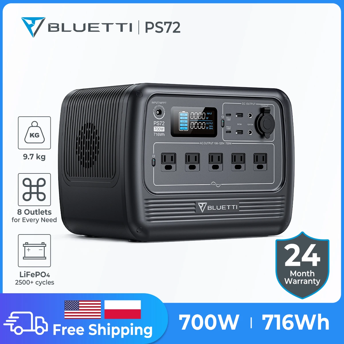Bluetti Ps72 700W 716Wh Centrale Elettrica Portatile Lifepo4 Generatore Solare Per Campeggio Rv Trip 2500 + Cicli Per Auto Frigorifero Tv