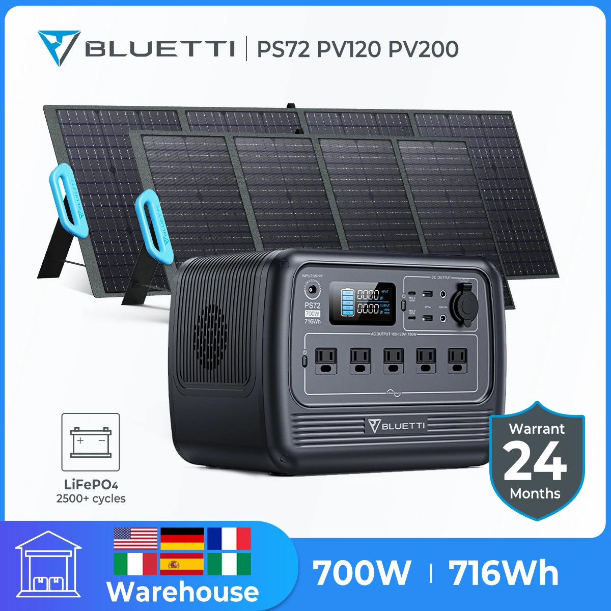 Bluetti Ps72 700W 716Wh Centrale Elettrica Portatile 120W 200W Pannello Solare Lifepo4 Generatore Solare Per Auto Frigorifero Tv Laptop