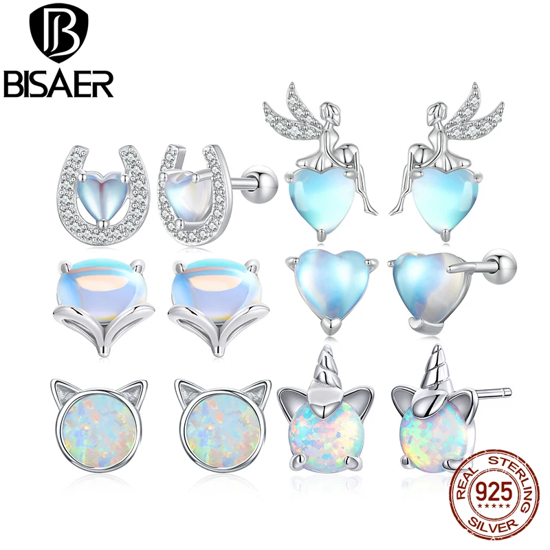 Bisaer 100% 925 Sterling Silver Mini Heart Moonstone Orecchini Placcati Platino Per Le Donne Coppie Party Fine Jewelry Gift