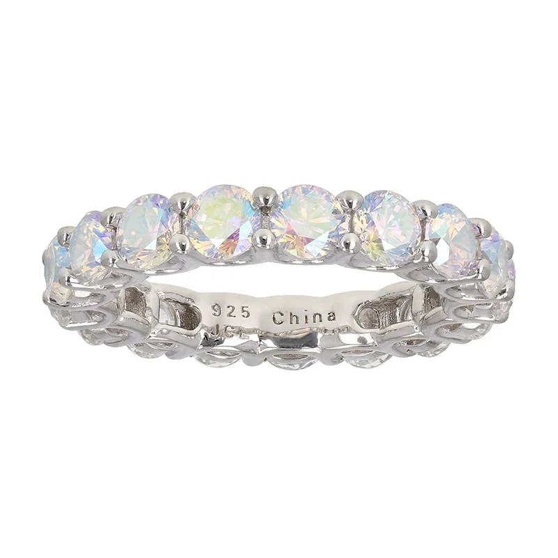 Argento Sterling 925 Placcato Oro Bianco Aurora Borealis Donna Cz Diamond Eternity Rings Band Anelli Di Fidanzamento Gioielli All'Ingrosso
