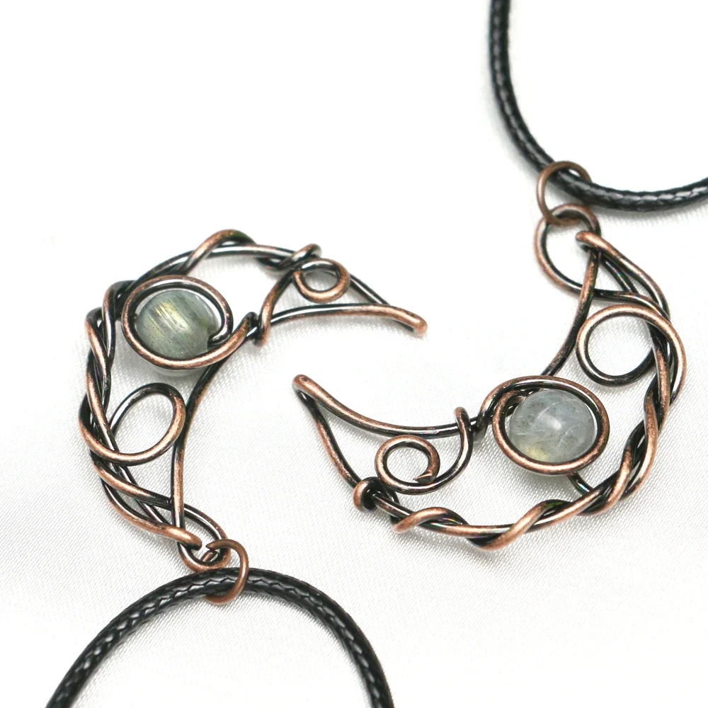Mineraali Natural Labradorite Crescent Pendant Unique Antique Copper Wrap Reiki Round Stunning Moonstone Beads Collane Gioielli