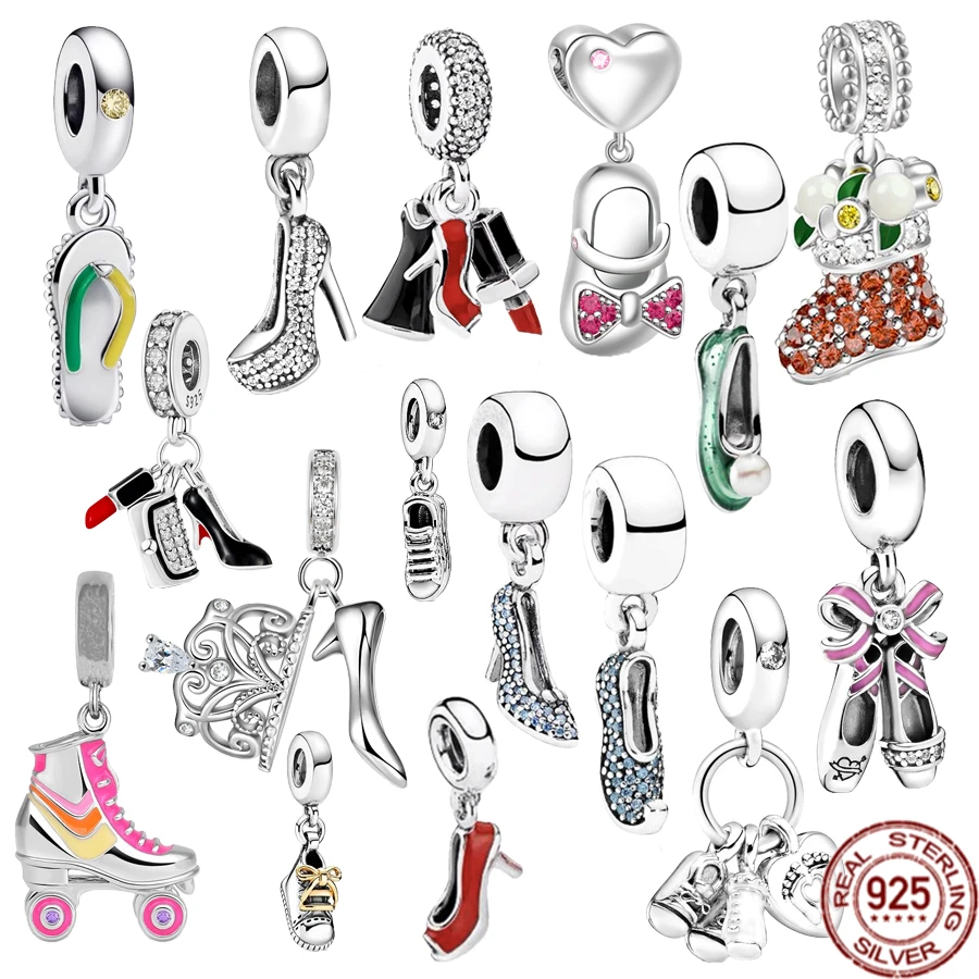 925 Sterling Silver Crown Stripe Pattini A Rotelle Pink Ballerina Shoes Charm Beads Fit Original Pandora Bracciale Fashion Jewelry