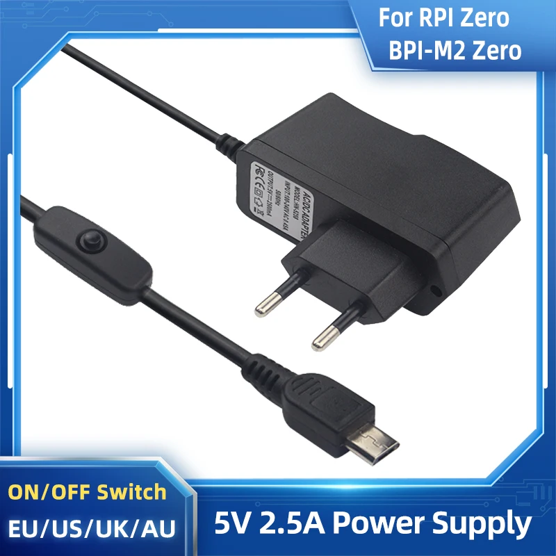 Alimentatore 5V 2.5A Con Interruttore Adattatore Di Alimentazione Interfaccia Micro Usb Spina Eu Us Uk Au Per Raspberry Pi Zero W/Zero 2 W Bpi-M2 Zero