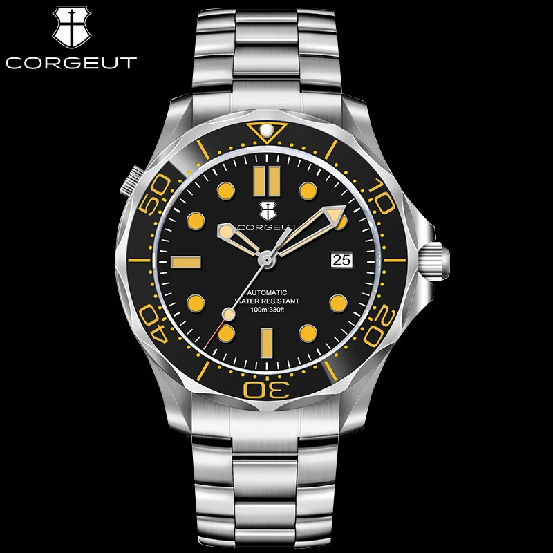Corgeut 40Mm Nh35A Luxury Fashion Diamond Cool Automatic Mechanical Sapphire Glass Mirror Glow Diving Watches For Man Waterproof
