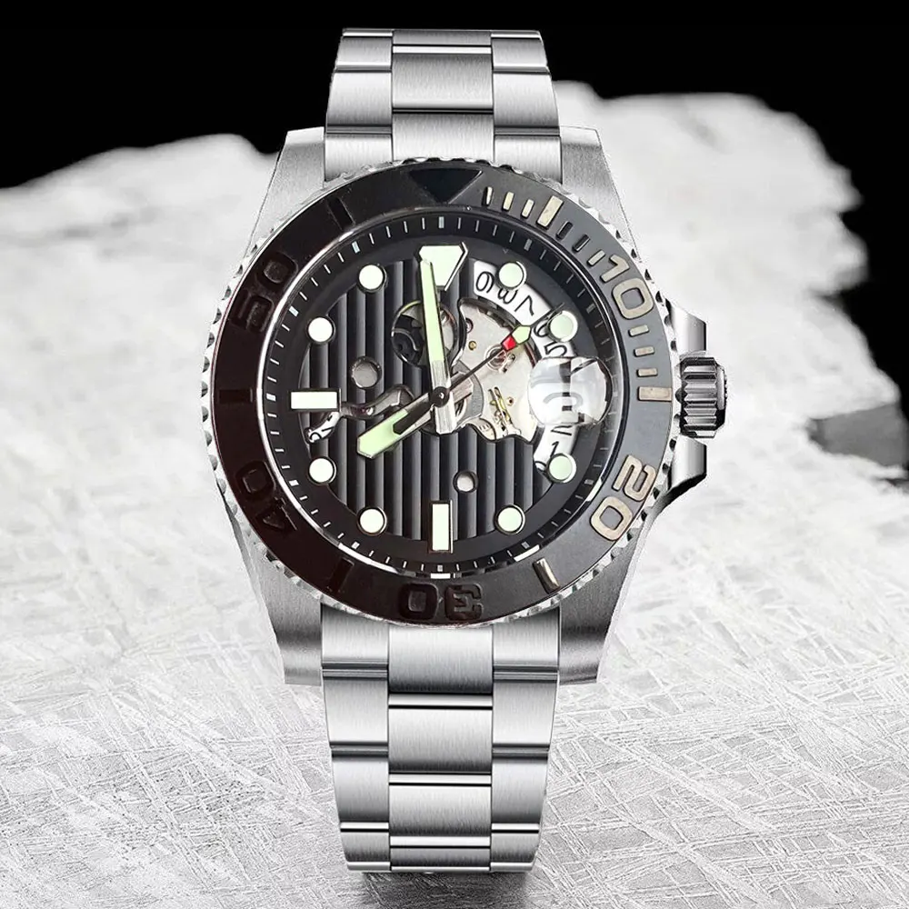 40Mm 20Atm Waterproof Diver Luxury Black/Blue Striped Hollow Dial Japan Nh35 Men Watch Automatic Sapphire Glass Date Green Lume