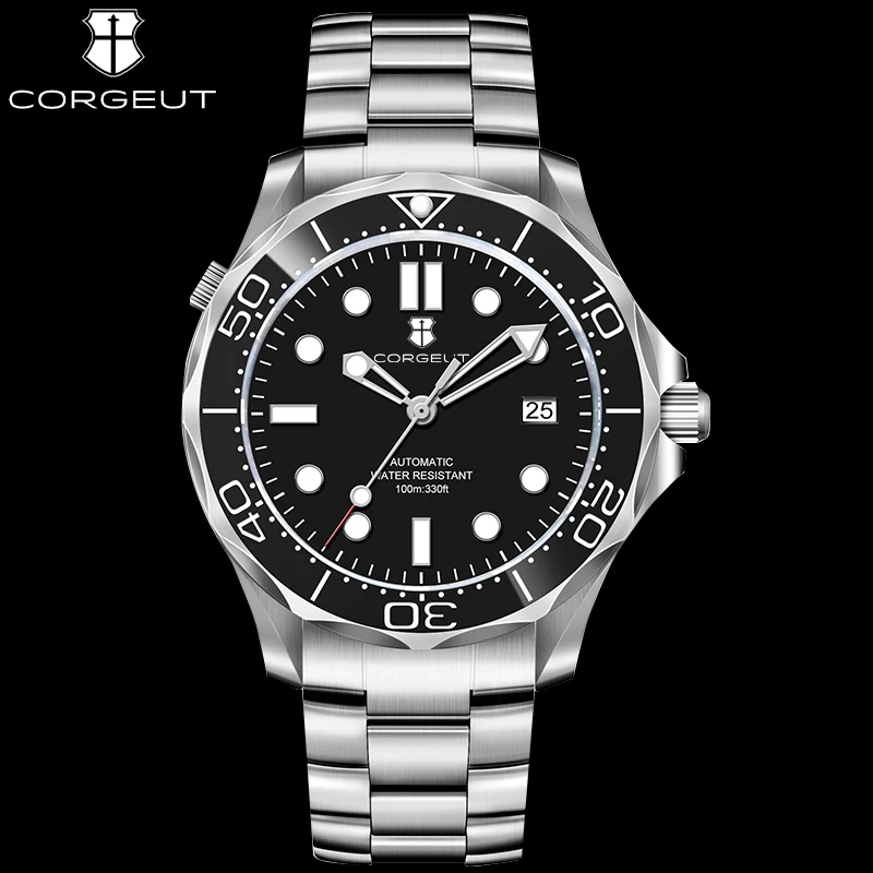 Corgeut 40Mm Nh35A Diamond Cool Luxury Fashion Automatic Mechanical Sapphire Glass Mirror Glow Diving Watches For Man Waterproof