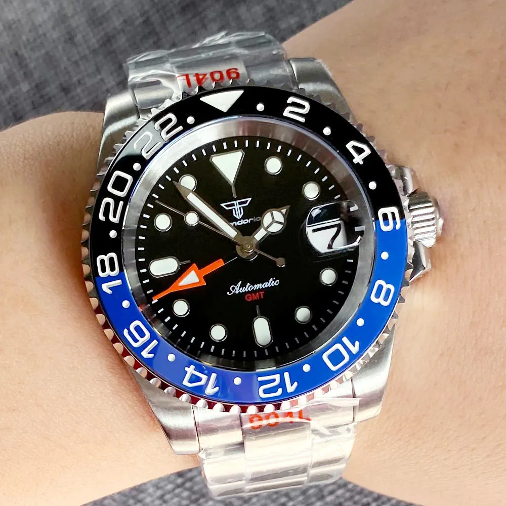 Tandorio 20Bar Impermeabile 40Mm Quadrante Nero Nh34 Gmt Automatic Diver Swim Watch Uomo Bracciale In Acciaio Spazzolato Data Magnifier 2023 Nuovo