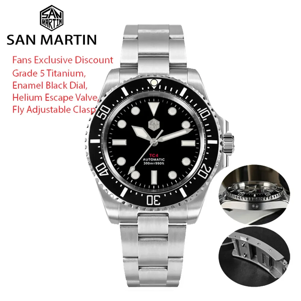 San Martin Sn0111-T-A1 40Mm Gr5 Titanium Men Watch Helium Device Automatic Mechanical Diving Watches Sapphire 300M Waterproof