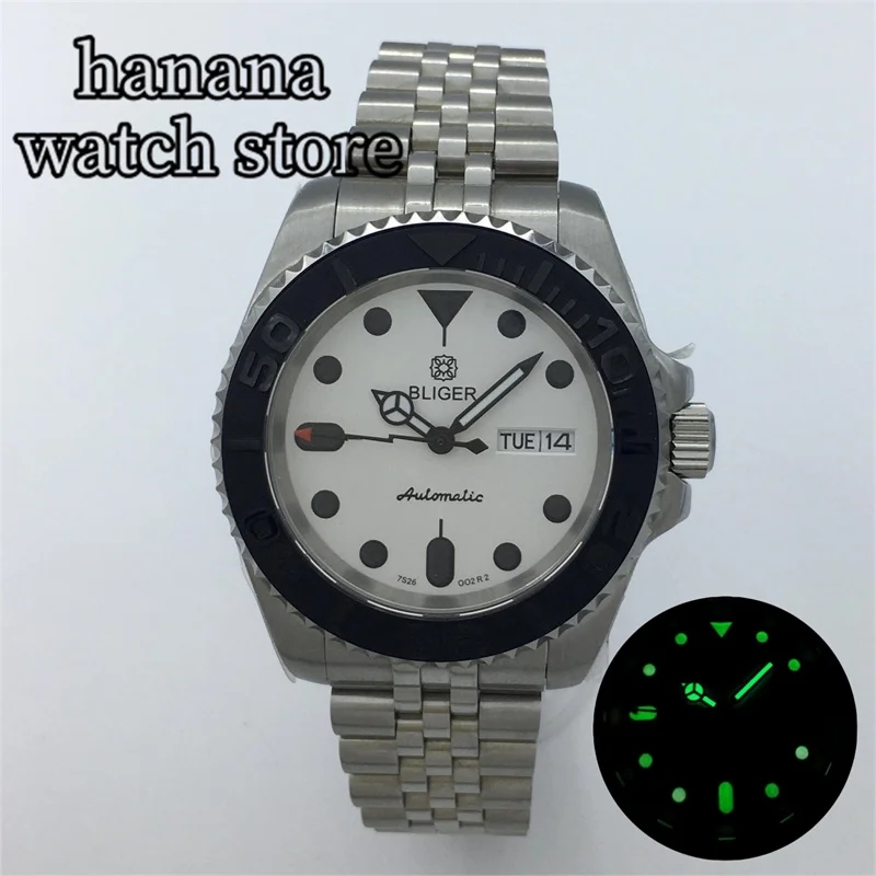 Bliger 40Mm 3.8 Crown Nh36A White Dial Week Date Luminoso Ar Sapphire Crystal Diving Orologio Automatico Da Uomo Silver Jubilee Strap