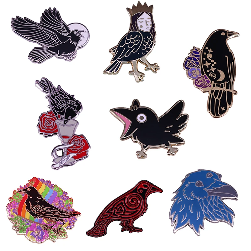 Raven Pins Nmnf Red Rose Wine Pansy Moon Stars Crow Pin Edgar Allan Poe Gothic Horror Dark Birds Spilla Omen Goth Witchy Decor