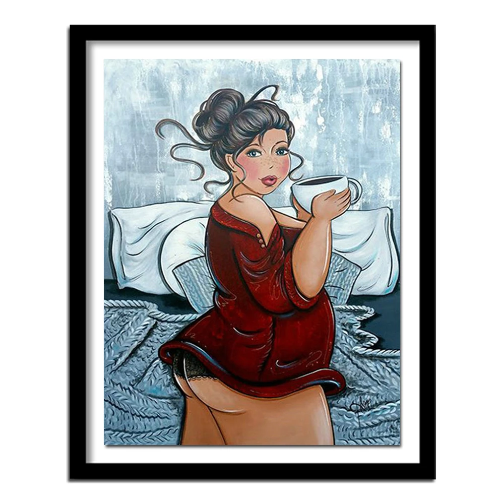 5D Diamante Quadrato Pittura Donne Sexy Punto Croce Diamante Ricamo Fat Lady Caffè Strass Diamante Pieno Rotondo Yn
