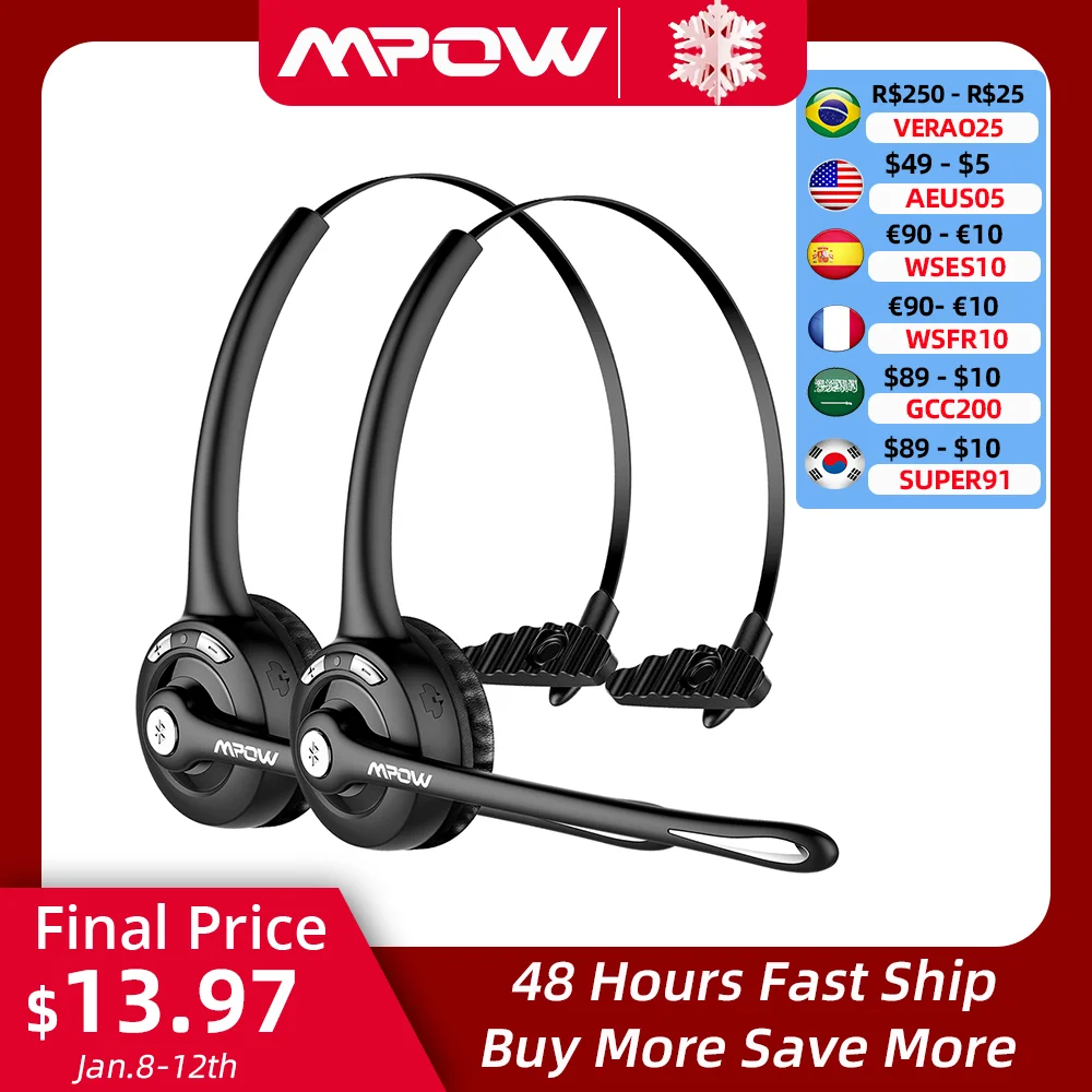1/2 Pack Mpow Pro Office Wireless Bluetooth V5.0 Cuffie Con Microfono 13H Tempo Di Conversazione Per Driver Call Center Skype Office